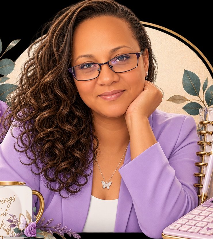 Rose — Founder of S&S Kreates Co. holding Savings That Work mug with budget planner and pastel calculator